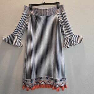 Cabana Life St Barts Coverluxe Dress NWT Medium Navy Stripe Off Shoulder Tassel